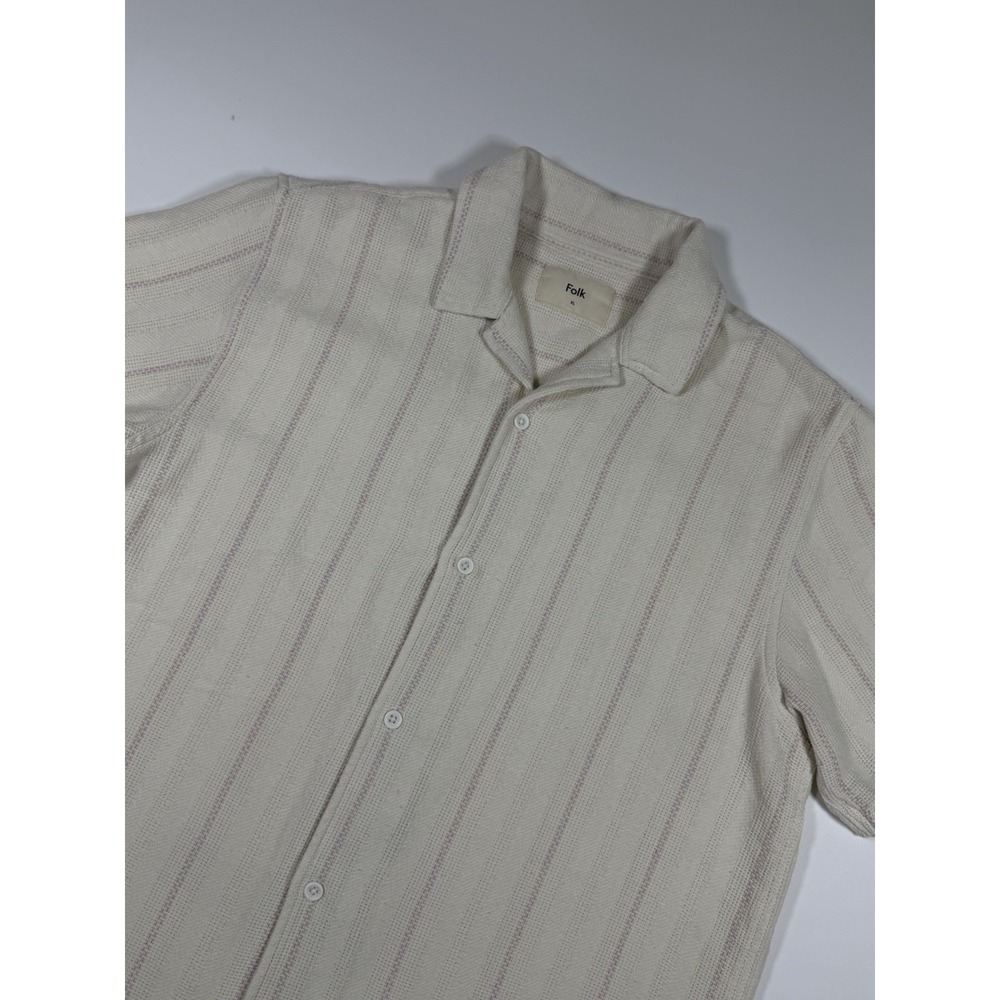 Folk Mens XL Short Sleeve Camp Collar Shirt Ivory Textured Stripe Button Up